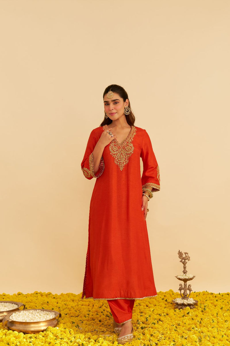 Haayat - Long Kaftan With Salwar-Burnt Orange silk by SHEETAL BATRA in orange color for women in Singapore