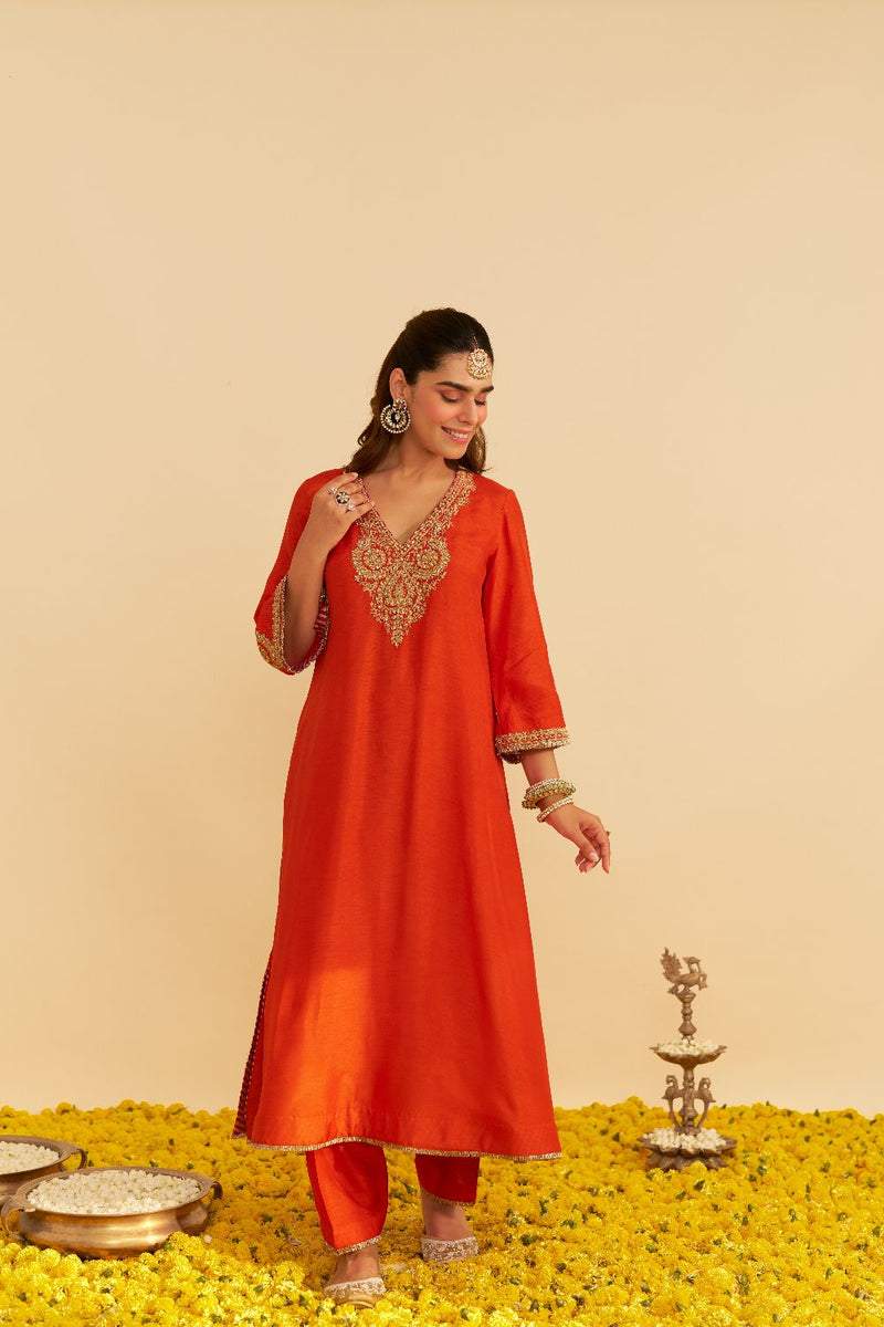 Haayat - Long Kaftan With Salwar-Burnt Orange silk by SHEETAL BATRA in orange color for women in Singapore
