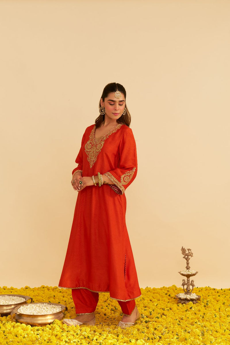 Haayat - Long Kaftan With Salwar-Burnt Orange silk by SHEETAL BATRA in orange color for women in Singapore