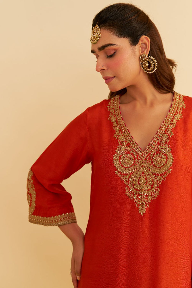 Haayat - Long Kaftan With Salwar-Burnt Orange silk by SHEETAL BATRA in orange color for women in Singapore