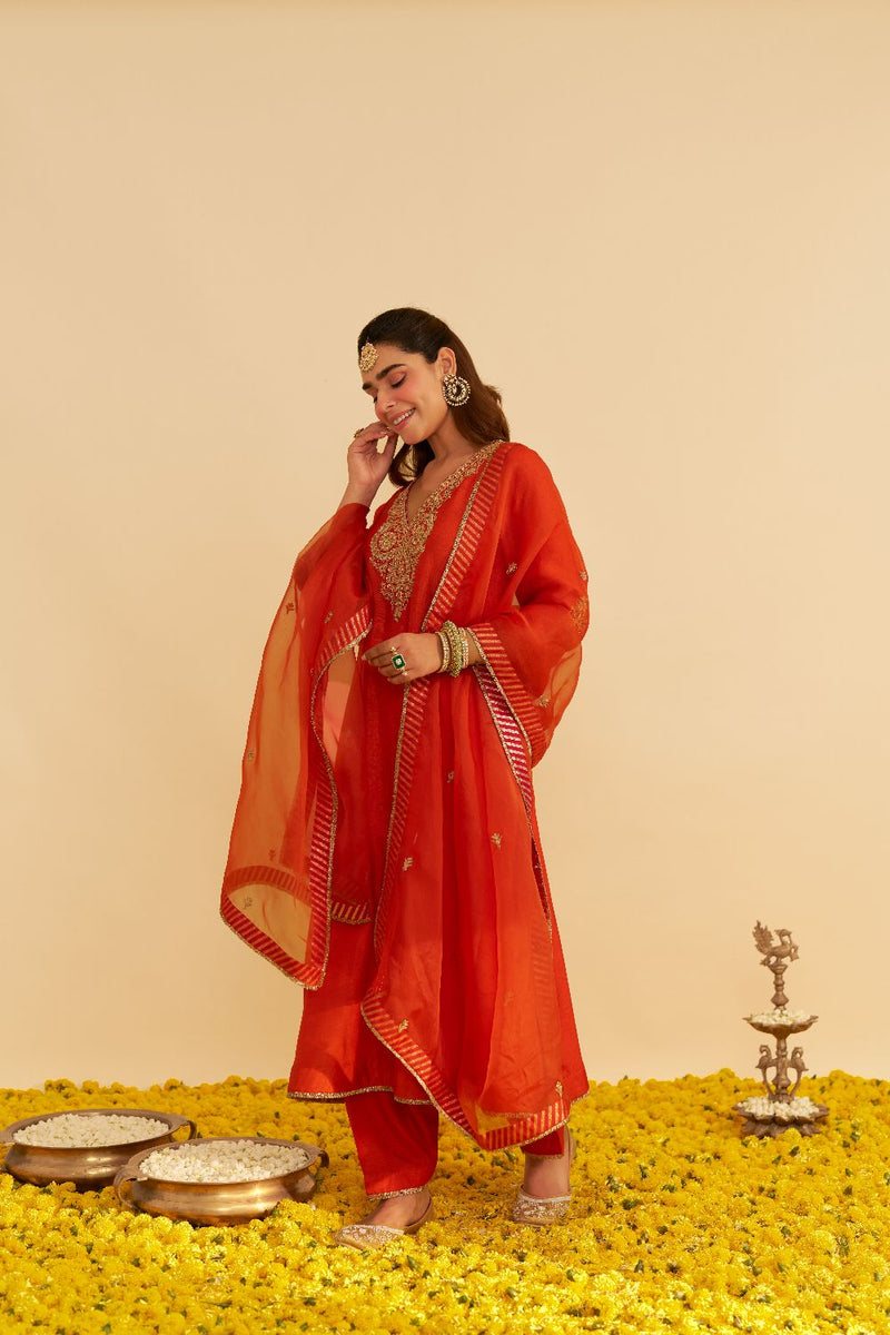 Haayat - Long Kaftan With Salwar-Burnt Orange silk by SHEETAL BATRA in orange color for women in Singapore