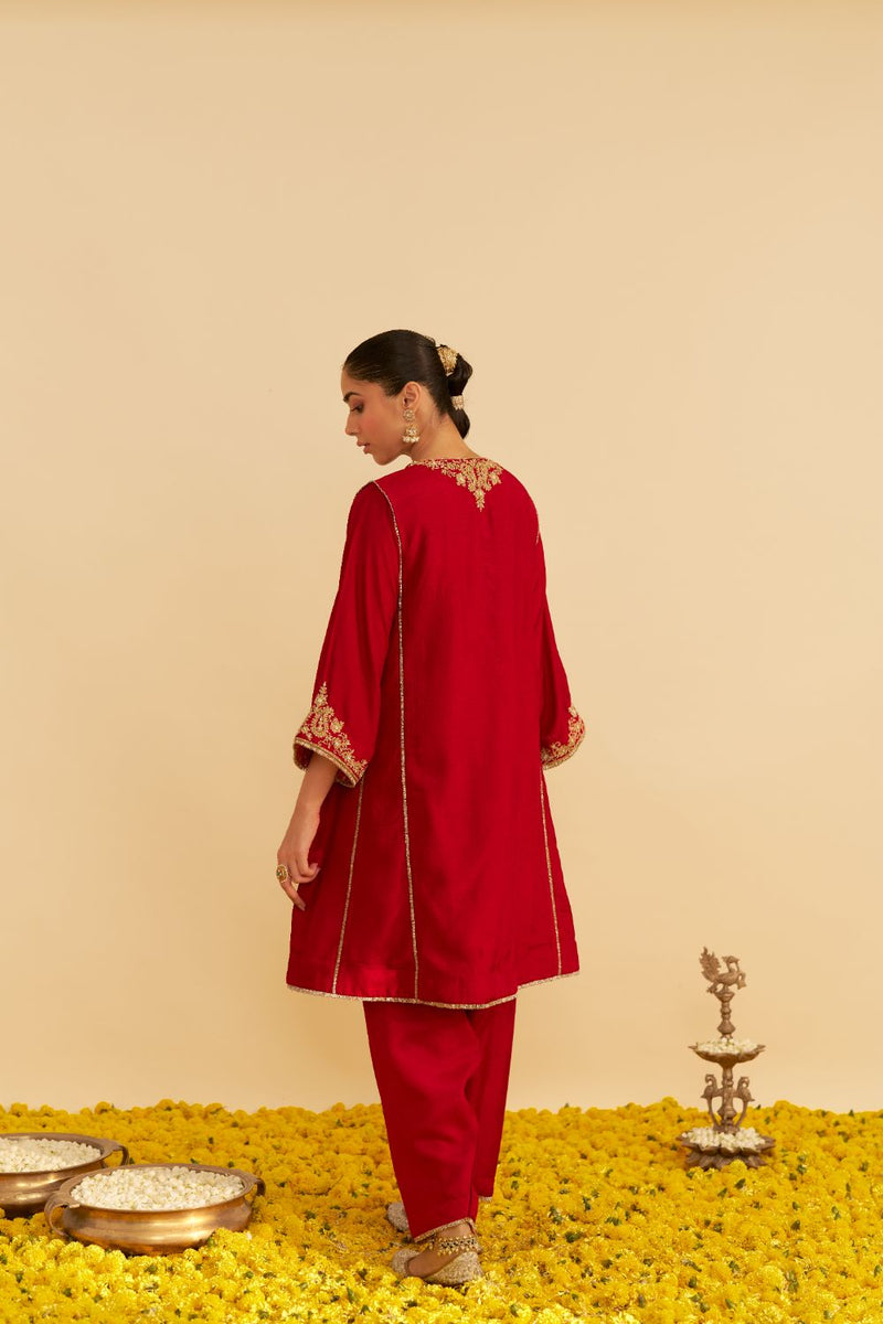 Ayra - Short Chauga With Salwar-Deep Red silk by SHEETAL BATRA in red color for women in Singapore