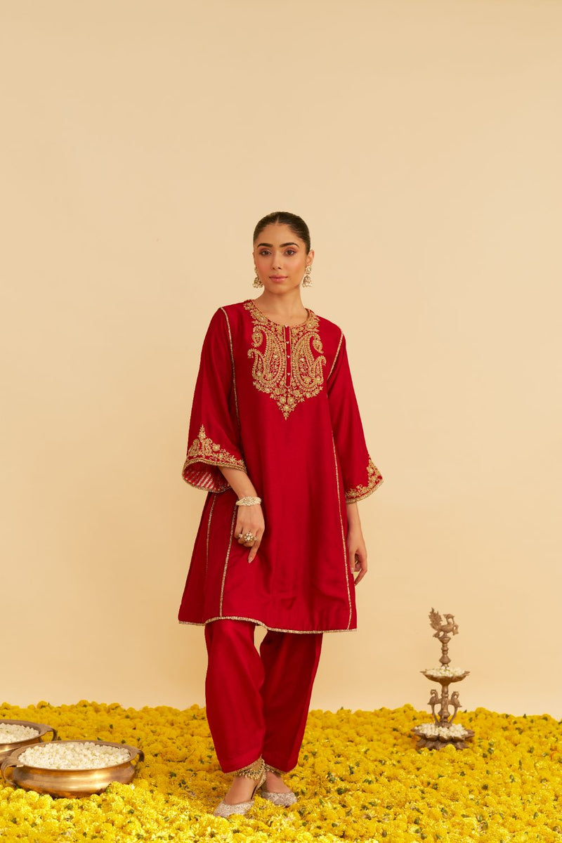 Ayra - Short Chauga With Salwar-Deep Red silk by SHEETAL BATRA in red color for women in Singapore