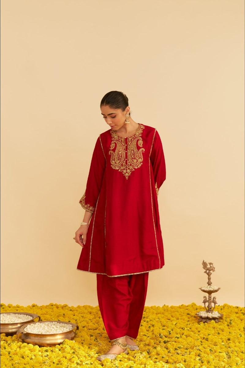 Ayra - Short Chauga With Salwar-Deep Red silk by SHEETAL BATRA in red color for women in Singapore