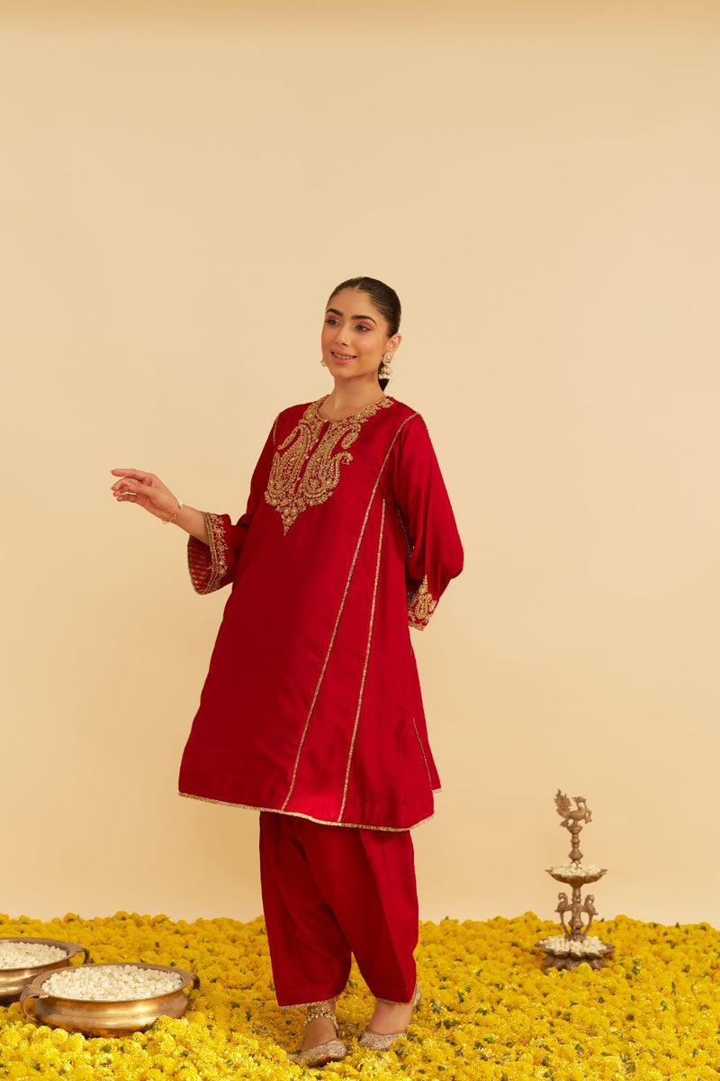 Ayra - Short Chauga With Salwar-Deep Red silk by SHEETAL BATRA in red color for women in Singapore
