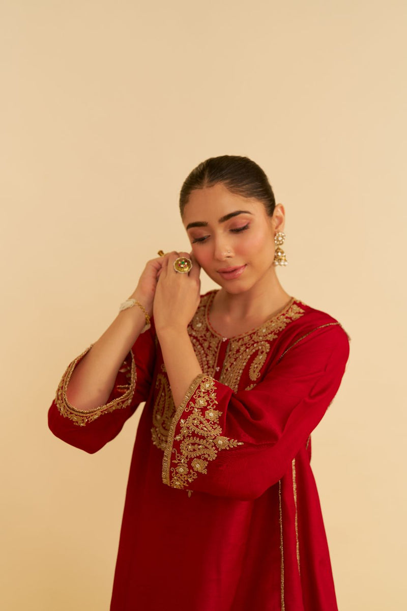 Ayra - Short Chauga With Salwar-Deep Red silk by SHEETAL BATRA in red color for women in Singapore