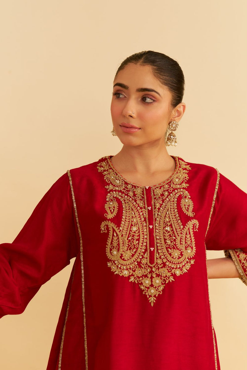 Ayra - Short Chauga With Salwar-Deep Red silk by SHEETAL BATRA in red color for women in Singapore