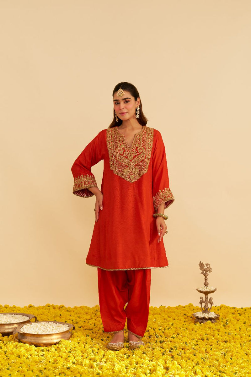 Mehza - Short Chauga With Salwar-Burnt Orange silk by SHEETAL BATRA in orange color for women in Singapore