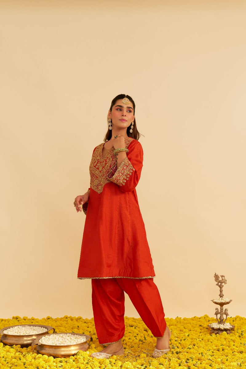 Mehza - Short Chauga With Salwar-Burnt Orange silk by SHEETAL BATRA in orange color for women in Singapore
