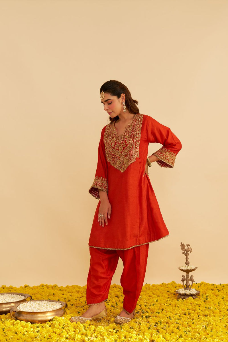 Mehza - Short Chauga With Salwar-Burnt Orange silk by SHEETAL BATRA in orange color for women in Singapore