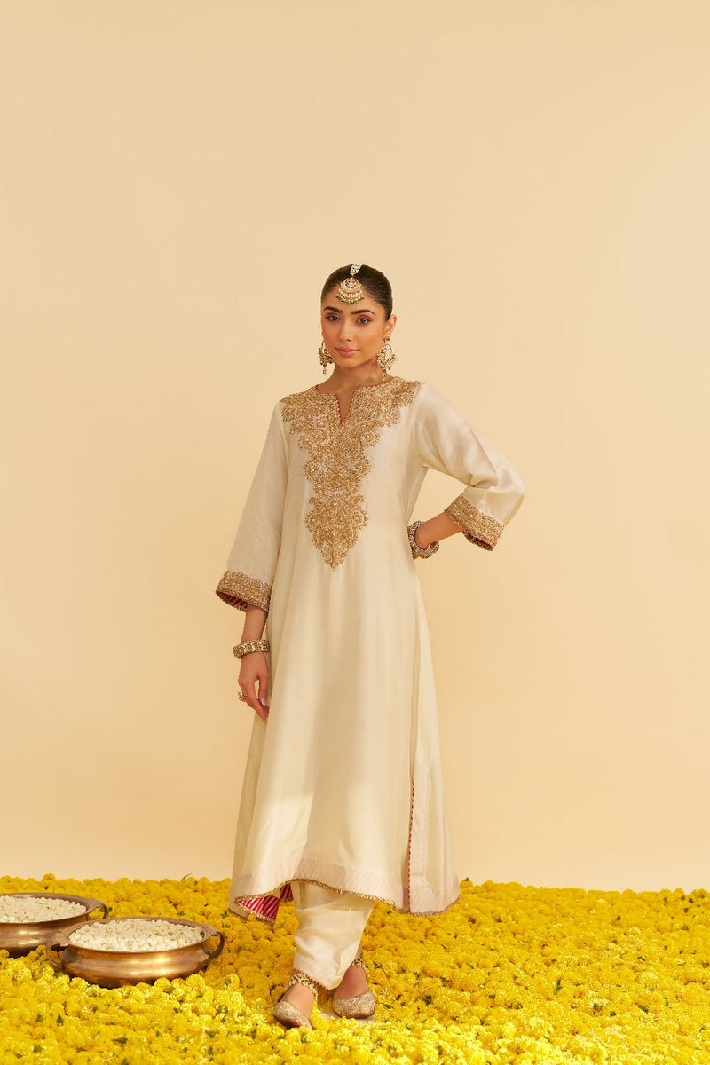 Hiba - Long Kaftan With Salwar-Daisy Ivory silk by SHEETAL BATRA in ivory color for women in Singapore