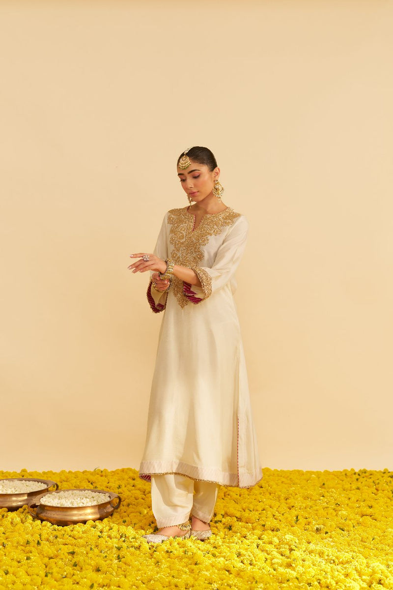 Hiba - Long Kaftan With Salwar-Daisy Ivory silk by SHEETAL BATRA in ivory color for women in Singapore