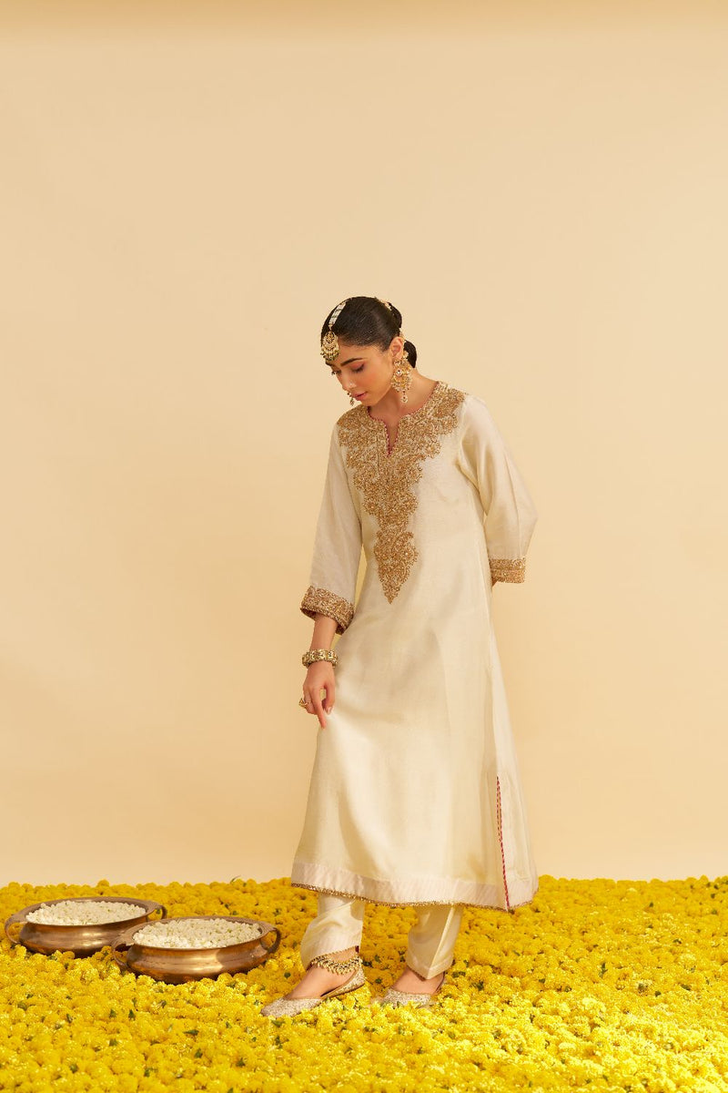Hiba - Long Kaftan With Salwar-Daisy Ivory silk by SHEETAL BATRA in ivory color for women in Singapore