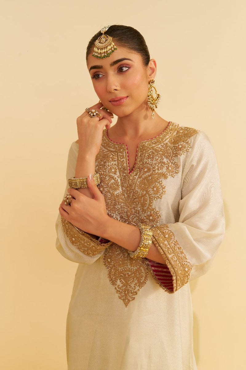 Hiba - Long Kaftan With Salwar-Daisy Ivory silk by SHEETAL BATRA in ivory color for women in Singapore