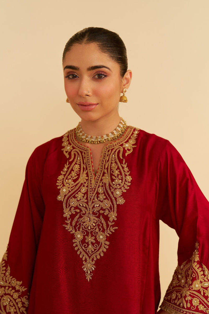 Marwa - Short Chauga With Salwar-Deep Red silk by SHEETAL BATRA in red color for women in Singapore