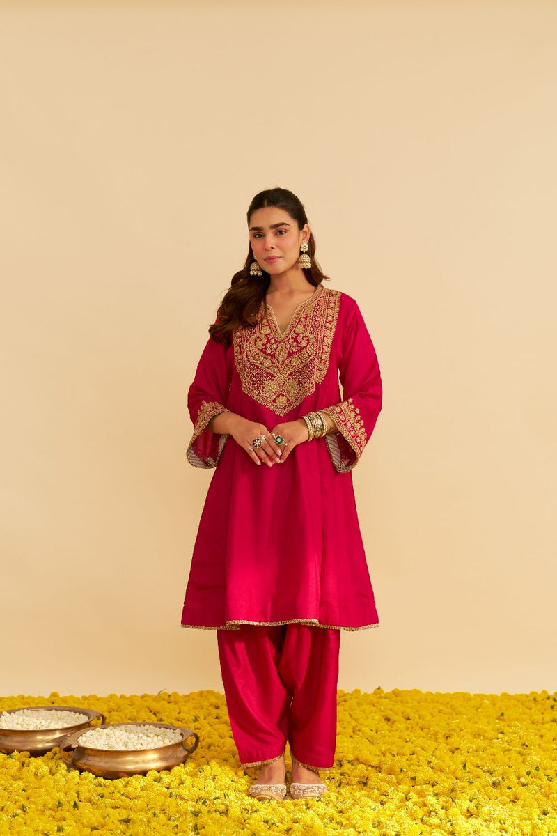 Mehza - Short Chauga With Salwar-Hotpink silk by SHEETAL BATRA in pink color for women in Singapore