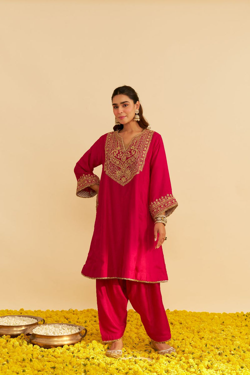 Mehza - Short Chauga With Salwar-Hotpink silk by SHEETAL BATRA in pink color for women in Singapore