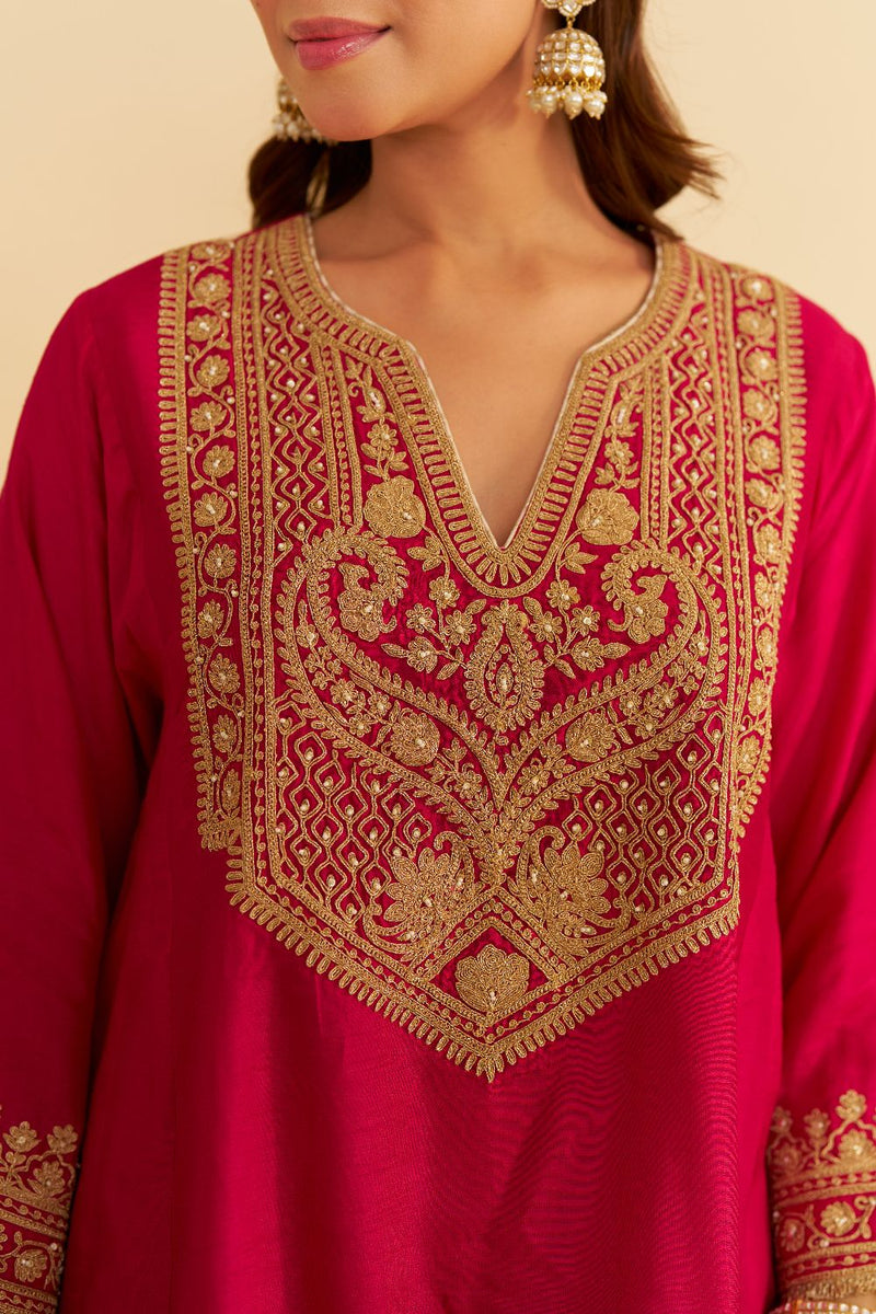 Mehza - Short Chauga With Salwar-Hotpink silk by SHEETAL BATRA in pink color for women in Singapore