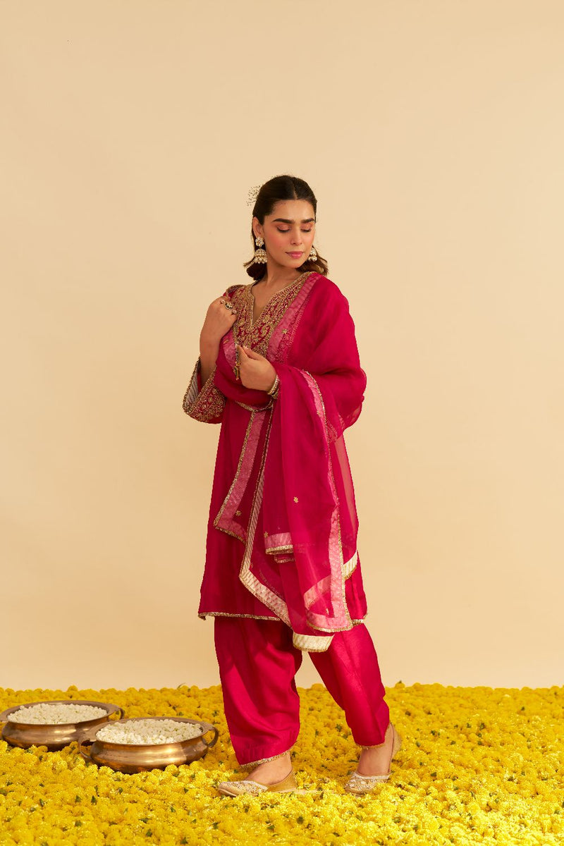Mehza - Short Chauga With Salwar-Hotpink silk by SHEETAL BATRA in pink color for women in Singapore