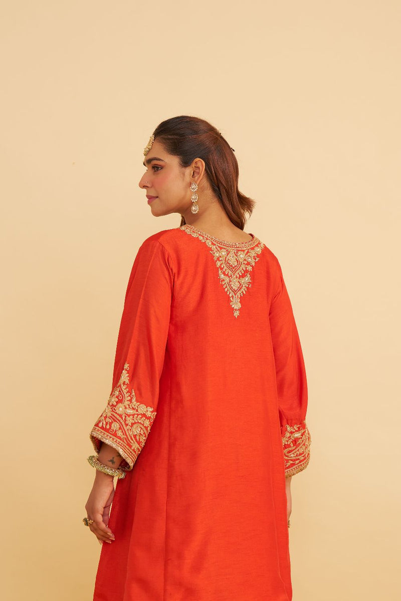 Marwa - Short Chauga With Salwar-Burnt Orange silk by SHEETAL BATRA in orange color for women in Singapore