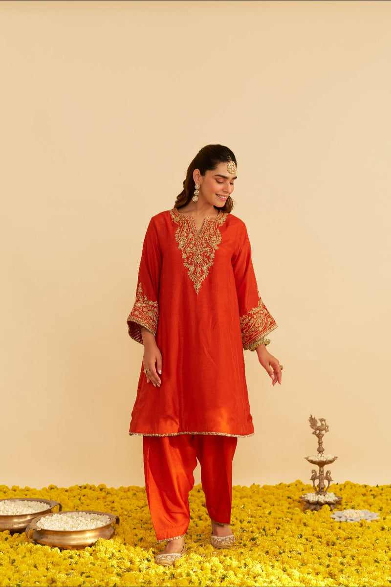 Marwa - Short Chauga With Salwar-Burnt Orange silk by SHEETAL BATRA in orange color for women in Singapore