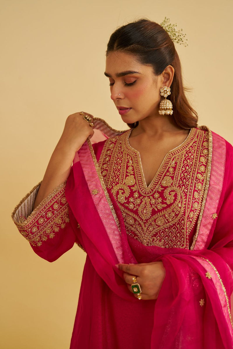 Mehza - Short Chauga With Salwar-Hotpink silk by SHEETAL BATRA in pink color for women in Singapore