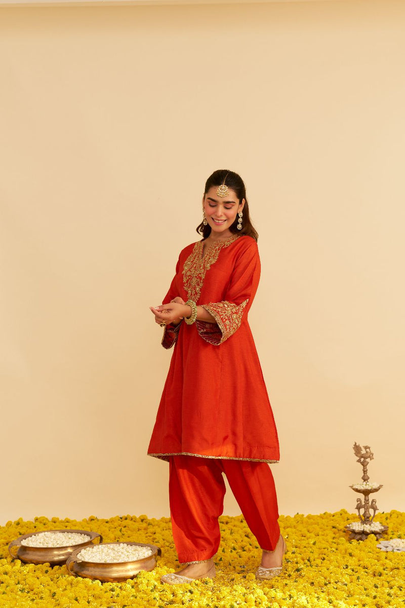 Marwa - Short Chauga With Salwar-Burnt Orange silk by SHEETAL BATRA in orange color for women in Singapore