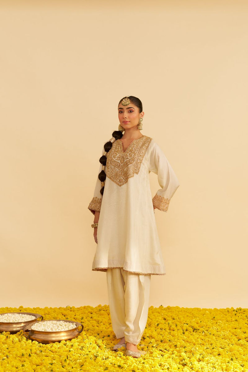 Mehza - Short Chauga With Salwar-Daisy Ivory silk by SHEETAL BATRA in ivory color for women in Singapore