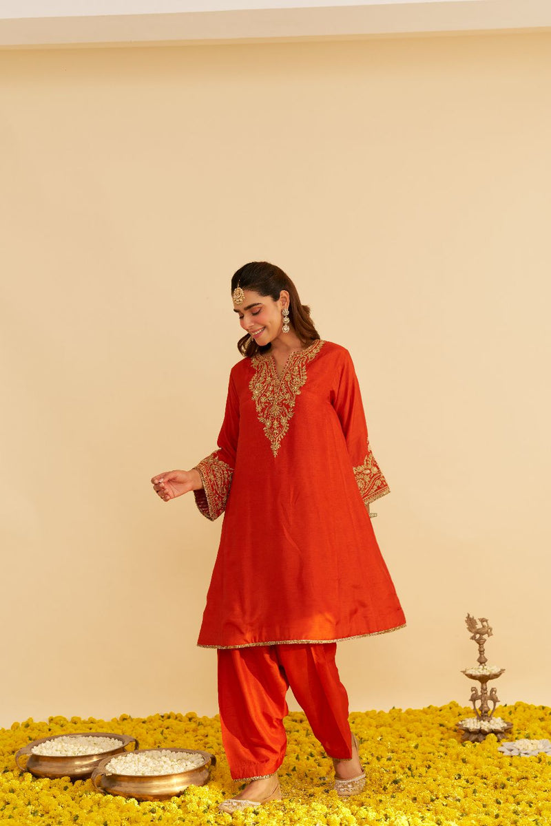 Marwa - Short Chauga With Salwar-Burnt Orange silk by SHEETAL BATRA in orange color for women in Singapore