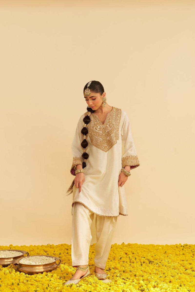 Mehza - Short Chauga With Salwar-Daisy Ivory silk by SHEETAL BATRA in ivory color for women in Singapore