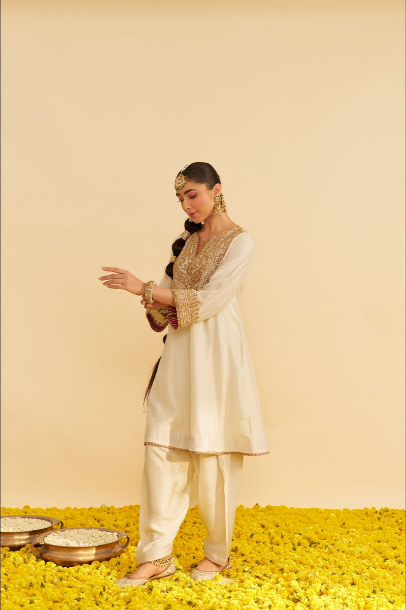 Mehza - Short Chauga With Salwar-Daisy Ivory silk by SHEETAL BATRA in ivory color for women in Singapore