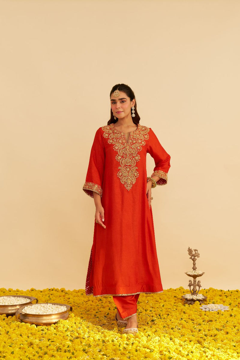 Hiba - Long Kaftan With Salwar-Burnt Orange silk by SHEETAL BATRA in orange color for women in Singapore