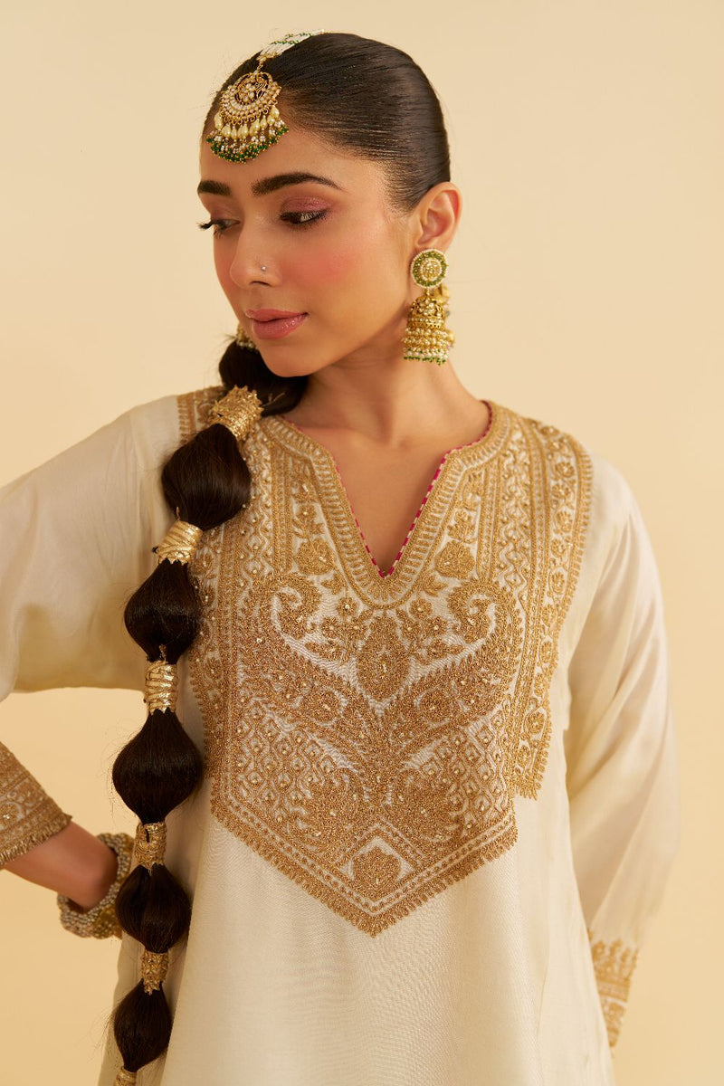 Mehza - Short Chauga With Salwar-Daisy Ivory silk by SHEETAL BATRA in ivory color for women in Singapore
