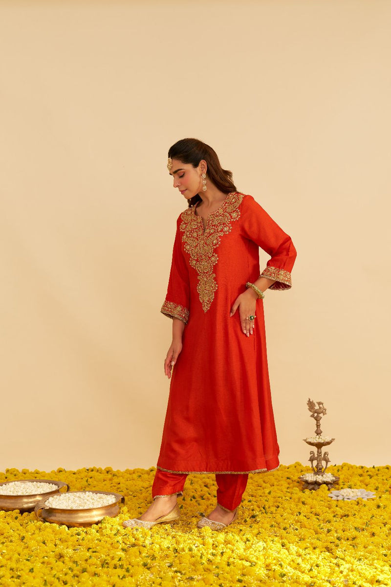 Hiba - Long Kaftan With Salwar-Burnt Orange silk by SHEETAL BATRA in orange color for women in Singapore