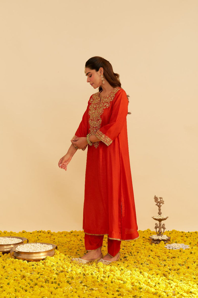 Hiba - Long Kaftan With Salwar-Burnt Orange silk by SHEETAL BATRA in orange color for women in Singapore