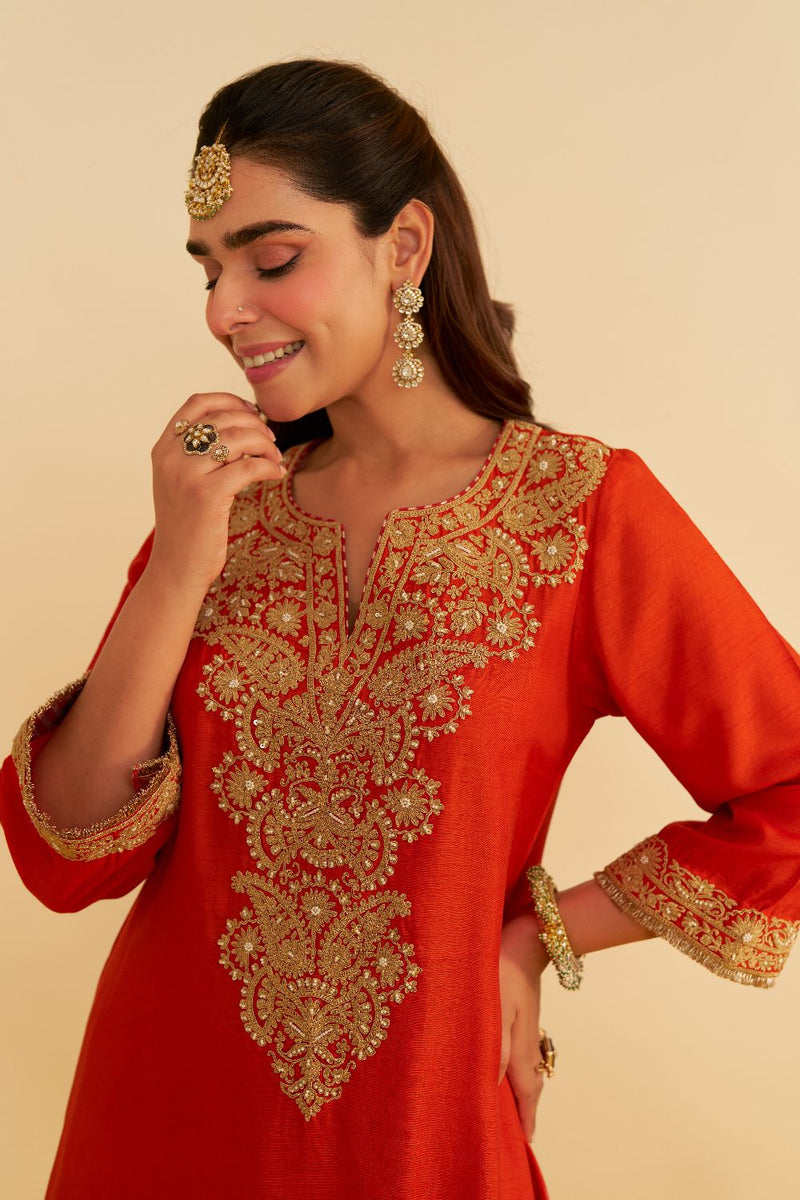 Hiba - Long Kaftan With Salwar-Burnt Orange silk by SHEETAL BATRA in orange color for women in Singapore