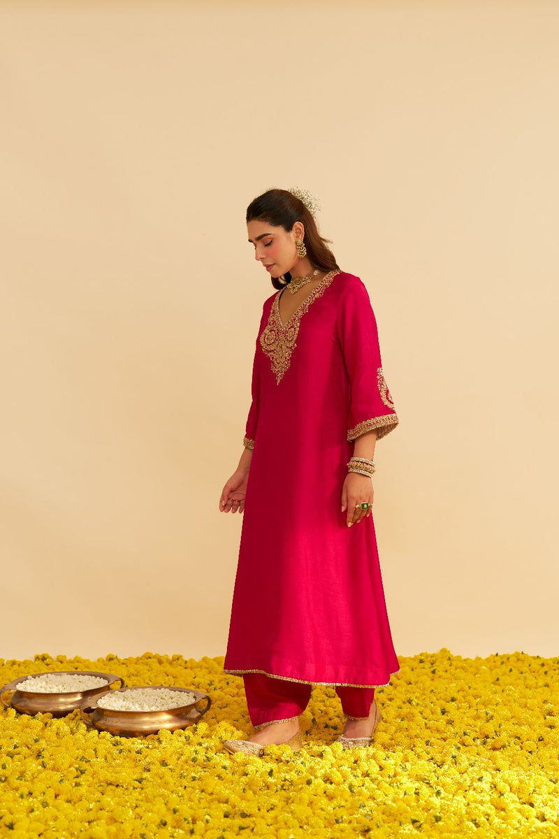 Haayat - Long Kaftan With Salwar-Hotpink silk by SHEETAL BATRA in pink color for women in Singapore