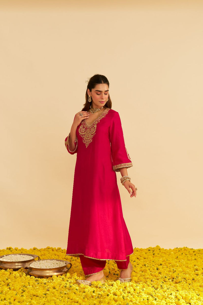 Haayat - Long Kaftan With Salwar-Hotpink silk by SHEETAL BATRA in pink color for women in Singapore