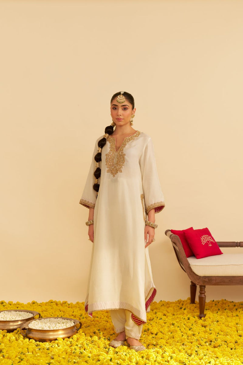 Amaya - Long Kaftan With Salwar-Daisy Ivory silk by SHEETAL BATRA in ivory color for women in Singapore