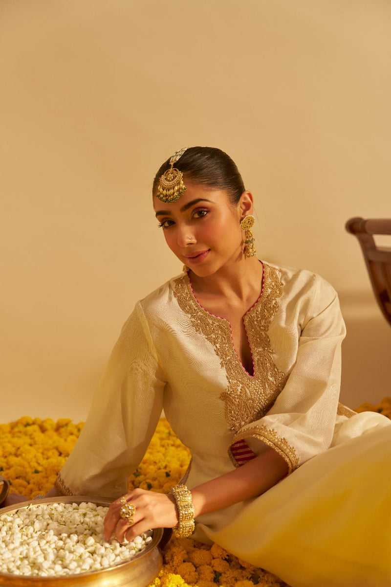 Amaya - Long Kaftan With Salwar-Daisy Ivory silk by SHEETAL BATRA in ivory color for women in Singapore