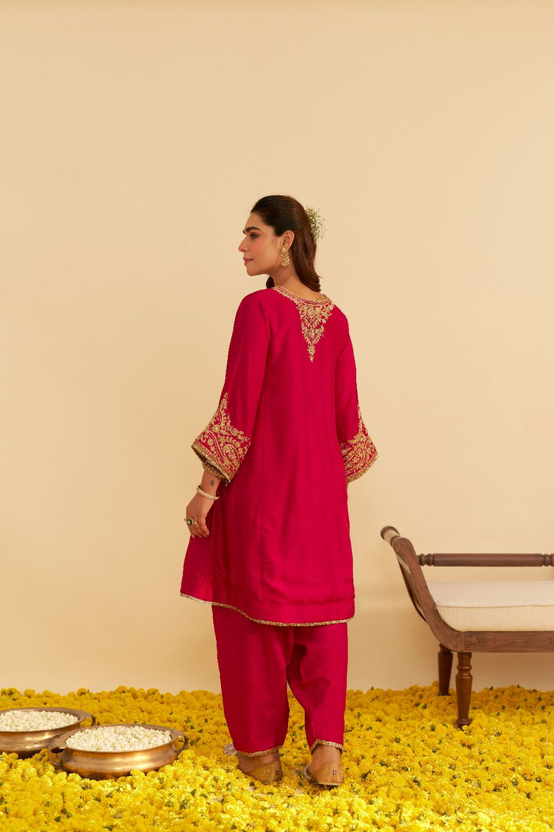 Marwa - Short Chauga With Salwar-Hotpink silk by SHEETAL BATRA in pink color for women in Singapore