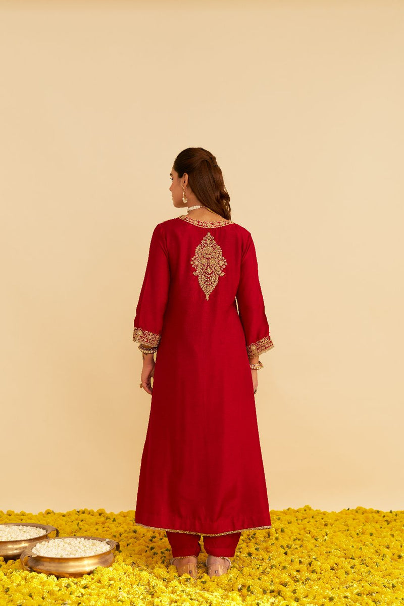 Hiba - Long Kaftan With Salwar-Deep Red silk by SHEETAL BATRA in red color for women in Singapore