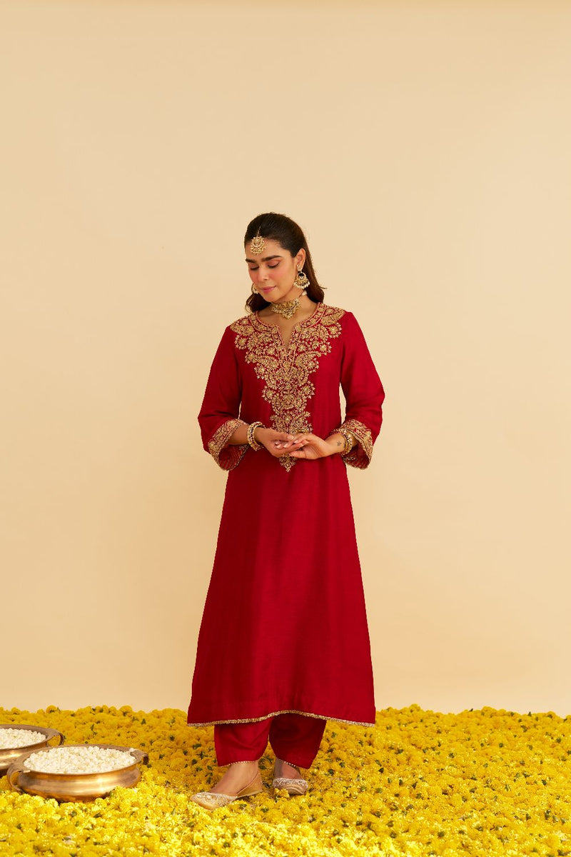 Hiba - Long Kaftan With Salwar-Deep Red silk by SHEETAL BATRA in red color for women in Singapore