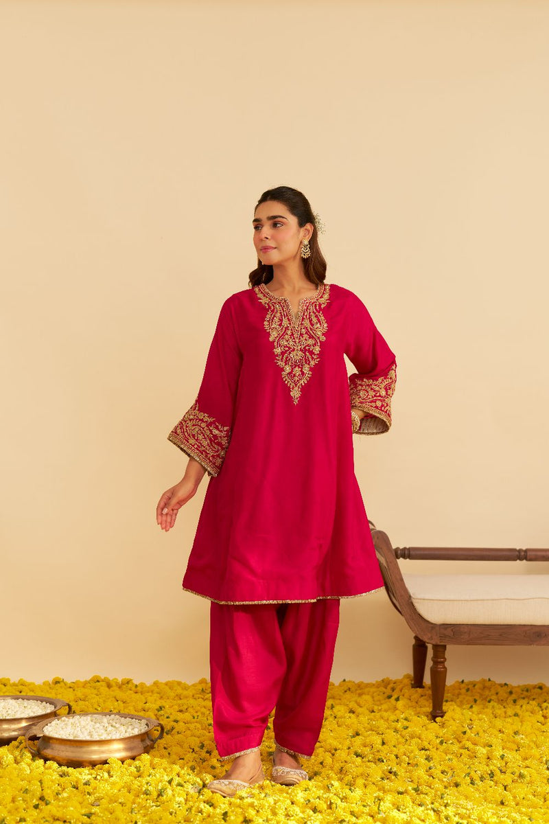 Marwa - Short Chauga With Salwar-Hotpink silk by SHEETAL BATRA in pink color for women in Singapore