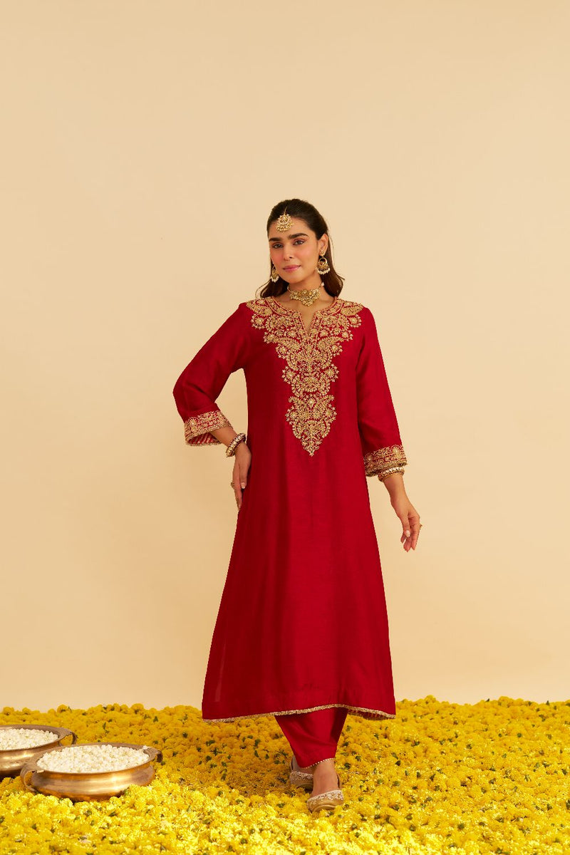 Hiba - Long Kaftan With Salwar-Deep Red silk by SHEETAL BATRA in red color for women in Singapore