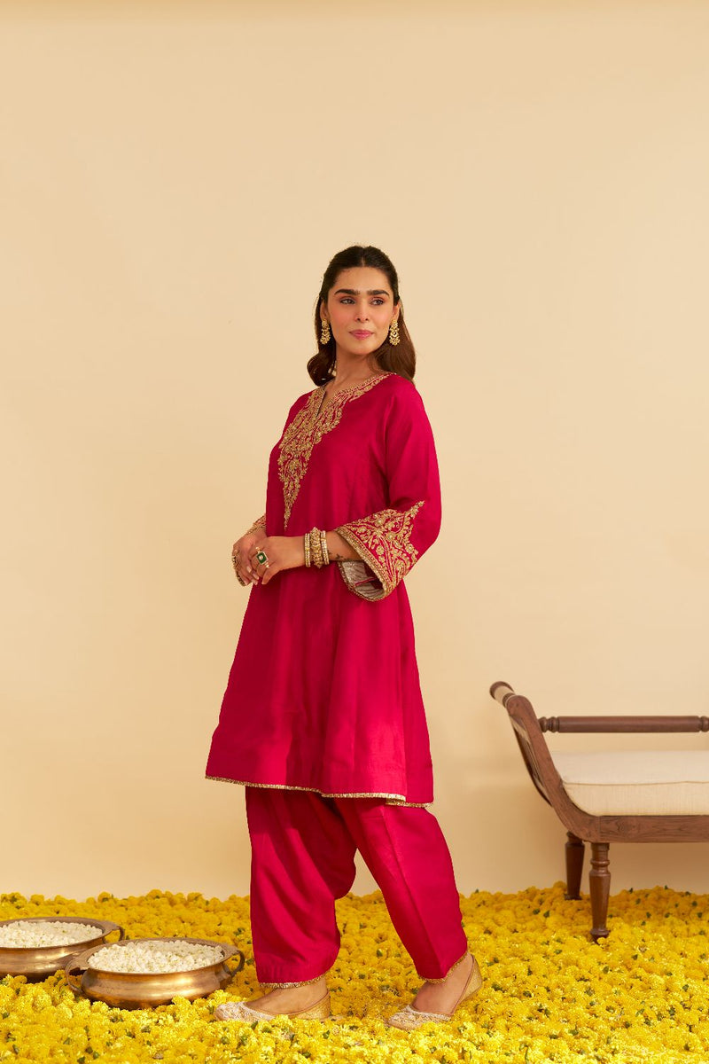 Marwa - Short Chauga With Salwar-Hotpink silk by SHEETAL BATRA in pink color for women in Singapore