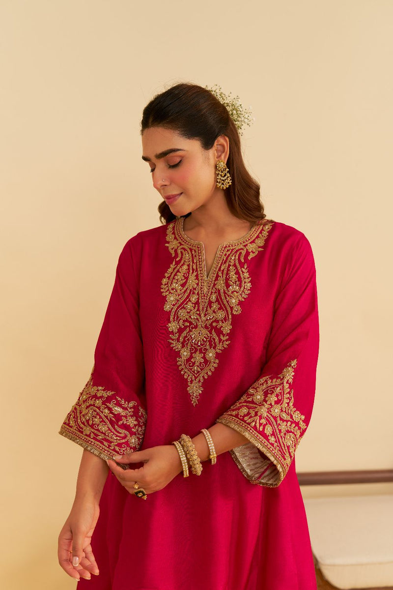 Marwa - Short Chauga With Salwar-Hotpink silk by SHEETAL BATRA in pink color for women in Singapore