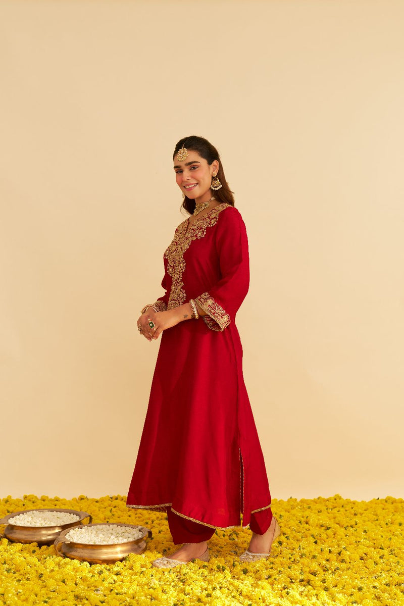 Hiba - Long Kaftan With Salwar-Deep Red silk by SHEETAL BATRA in red color for women in Singapore