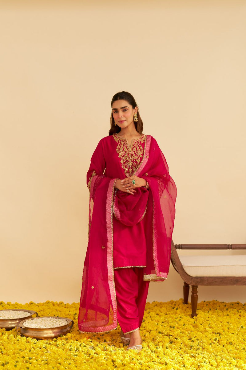 Marwa - Short Chauga With Salwar-Hotpink silk by SHEETAL BATRA in pink color for women in Singapore