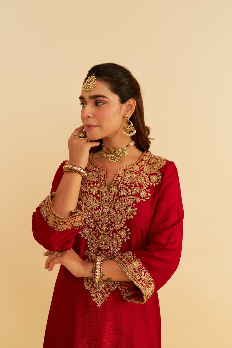 Hiba - Long Kaftan With Salwar-Deep Red silk by SHEETAL BATRA in red color for women in Singapore